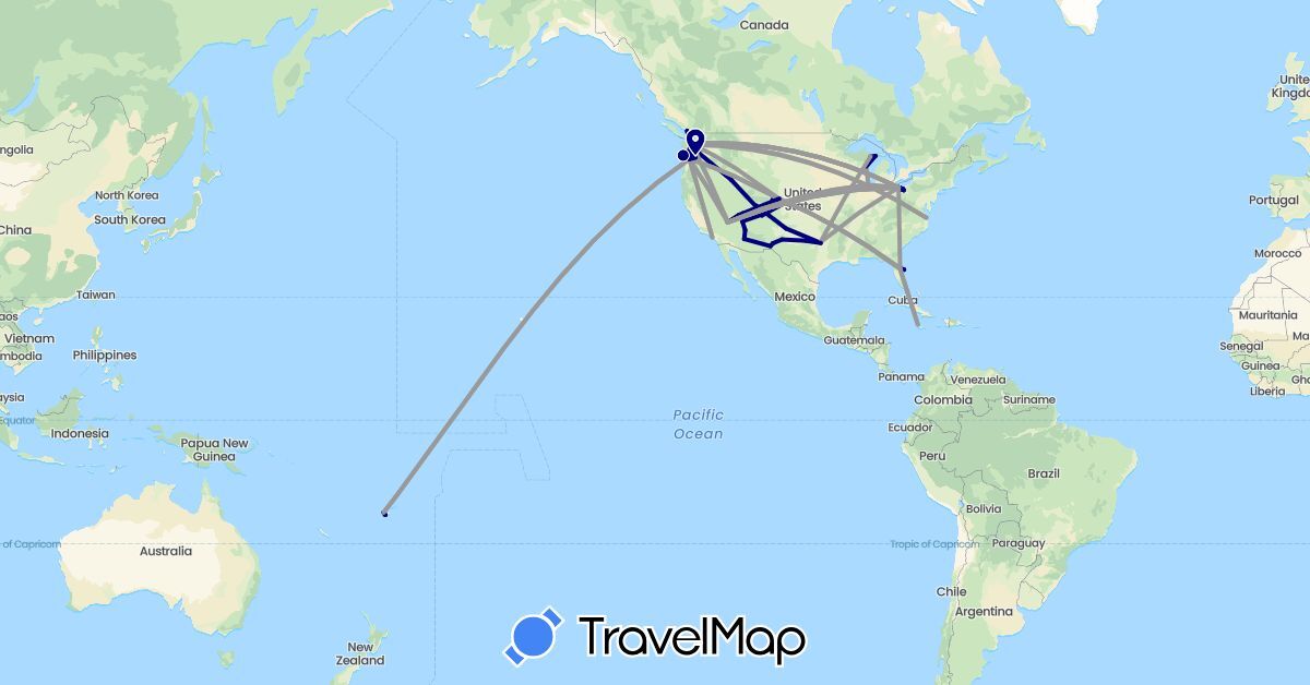 TravelMap itinerary: driving, plane in Canada, Fiji, Jamaica, United States (North America, Oceania)